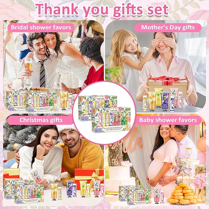 16 Pack / 8 Sets Bulk Lip Balm and Hand Cream Gift Set, Bridal Shower Gifts and Bridal Wedding Favors for Guests, Baby Shower Party Favors for Guests, Thank You Gifts, Birthday Gifts for Women