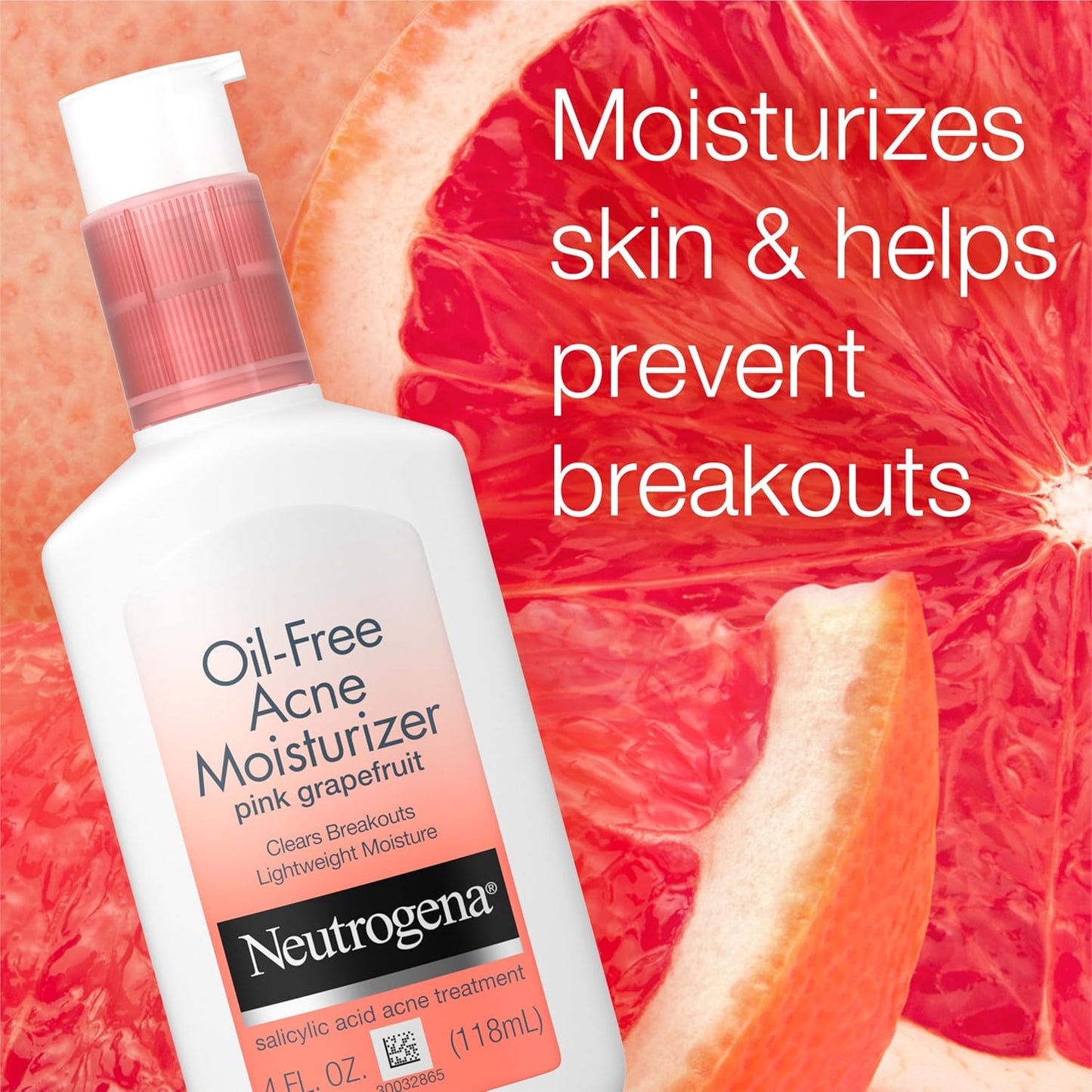 Oil-Free Acne Moisturizer with 0.5% Salicylic Acid β Pink Grapefruit Face Lotion for Acne-Prone Skin, Non-Greasy & Non-Comedogenic, 4 Fl. Oz