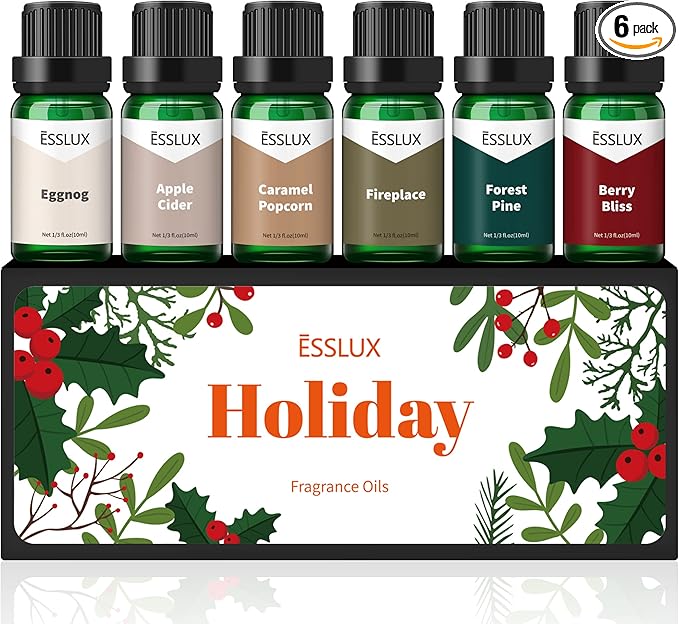 Fragrance Oil, ESSLUX Holiday Set of Scented Oils, Soap & Candle Making Scents, Christmas Essential Oils Gift Set for Home Diffuser, Apple Cider, Forest Pine, Eggnog, Berry Bliss and More