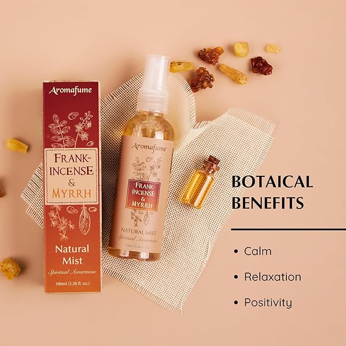 Frankincense & Myrrha Natural Resin Mist Spray by Aromafume | 100 ml / 3.3oz | Ideal for deep relaxation, spirituality & rituals | Made with Pure Resin from Somalia | Non-alcoholic, non-toxic & vegan