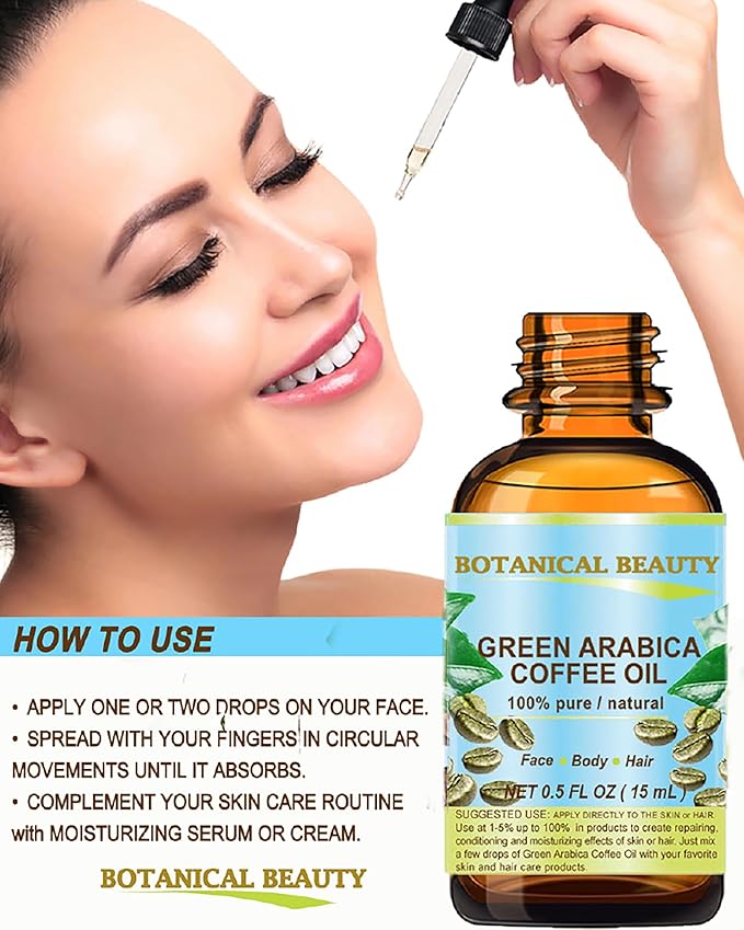Botanical Beauty GREEN ARABICA COFFEE OIL Brazilian 100% Pure Virgin Unrefined for Face, Skin, Hair, Lip, Nails. Anti - Aging Face Oil (0.5 Fl Oz)
