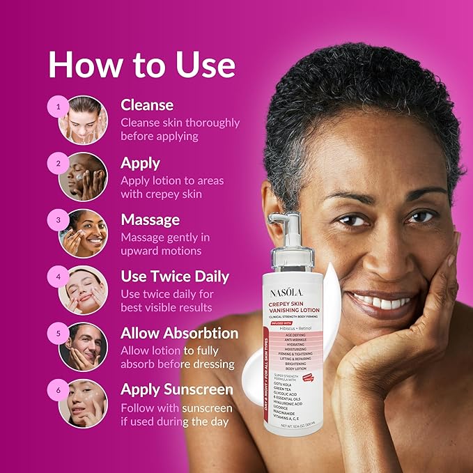 Nasola Crepe Erase Advanced Body Repair Treatment Lotion with Retinol and Hibiscus, Skin Tightening and Lifting Cream Moisturizer for Dry Aging Skin includes Vitamin A, E, C, and Green Tea, 10.14 Oz