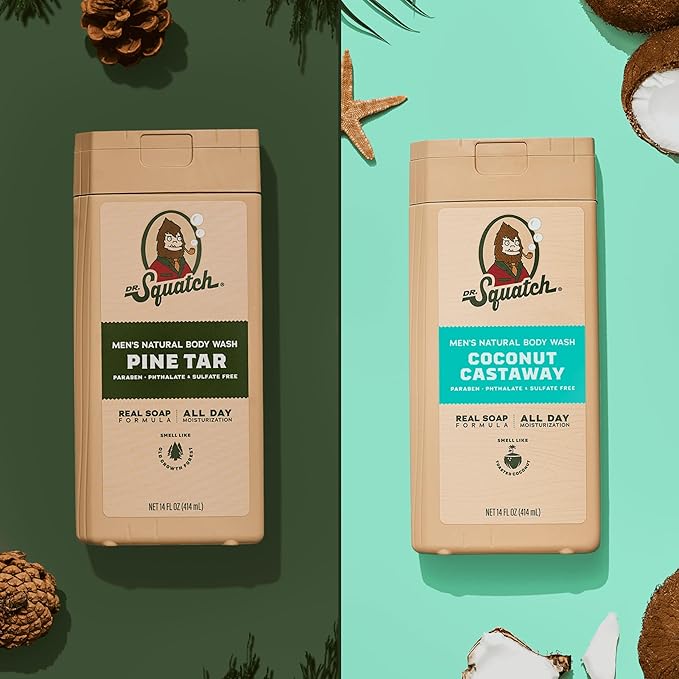 Dr. Squatch NEW Body Wash for Men with Nourishing, Natural Ingredients | No Paraben, Phthalate, Sulfate | All Day Moisture | Long Lasting Scent | Pine Tar & Coconut Castaway (14 oz, 2-Pack)