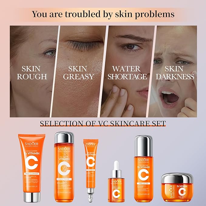 6-Piece Hydrating Skincare Set with Vitamin C & Niacinamide,Tk Face Care Kit Includes Toner, Serum,Cleanser,Moisturizer, Eye Cream & Body Lotion | Unique Gift for Women