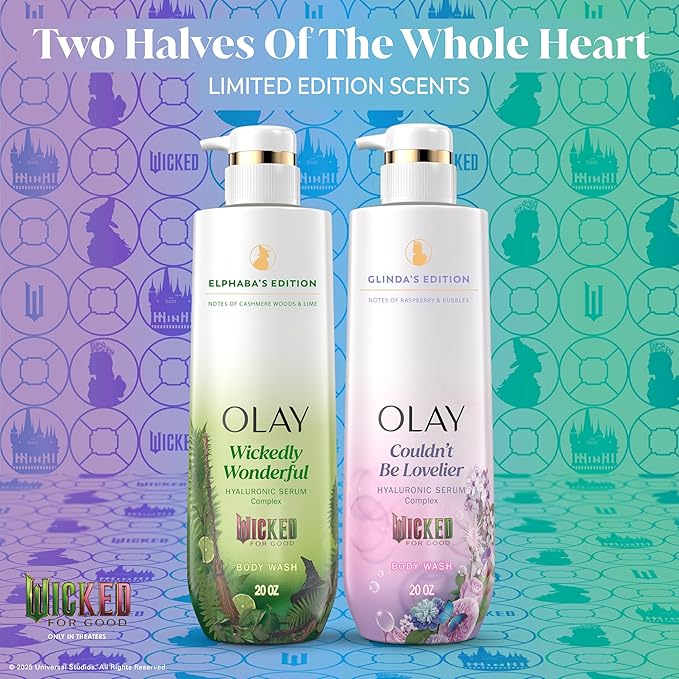 Olay Body Wash for Women, Couldn't Be Lovelier Glinda's Edition, Intensely Hydrating & Renewing, Pro-Hyaluronic Acid Serum with Vitamin B3, For All Skin Types, Raspberry & Bubbles Scent, 20 fl oz
