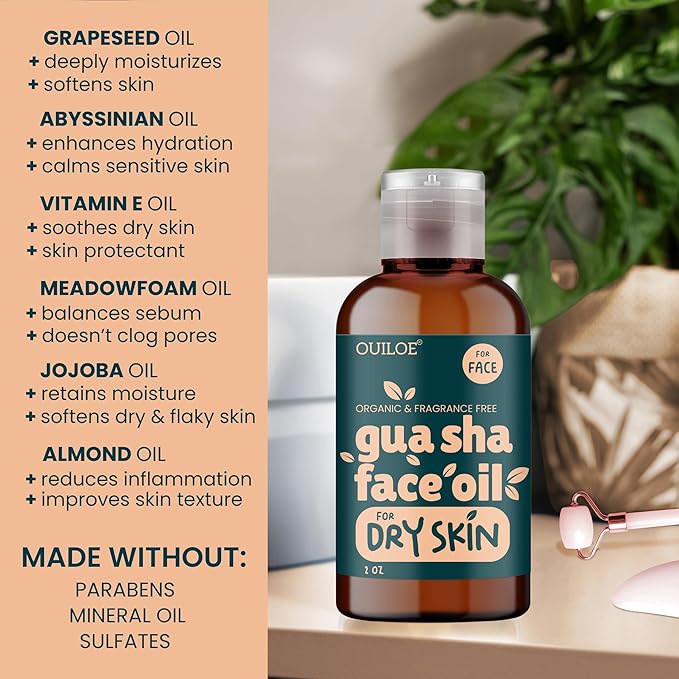 Gua Sha Oil for Dry Skin - Face Oil for Gua Sha Massage - Safe for Acne Prone Skin - Natural, Non Comedogenic, Fragrance Free, Organic, Lightweight & Non Greasy - Use with Gua Sha Facial Tools, 2oz