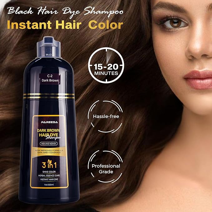Hair Dye Shampoo 3 in 1 for Gray Hair Shampoo Para Canas Mujer Hair Color Shampoo for Women & Men - Herbal Ingredients Natural Plant Hair Dye 500ML (Dark Brown)