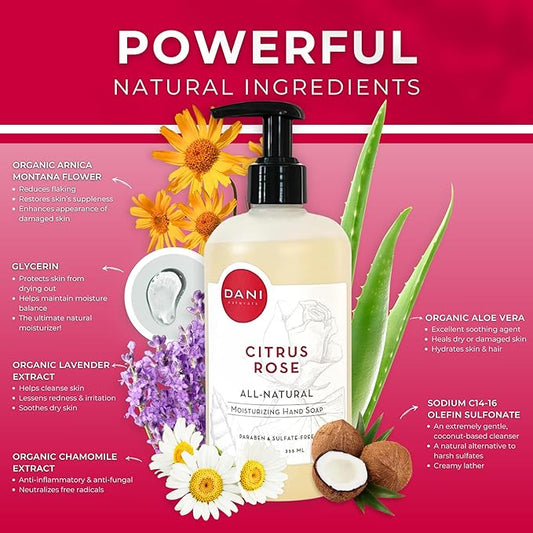 Naturals Moisturizing Hand Soap – Citrus Rose Scent, Hydrating, Sulfate-Free & Paraben-Free, 12 Oz Bottle with Pump, Gentle Cleansing for Dry Skin