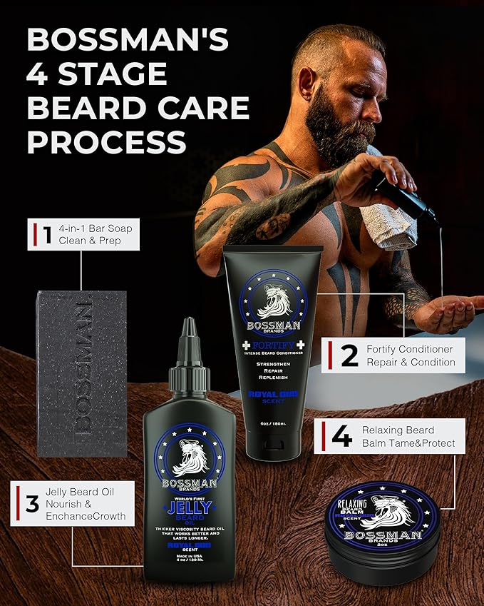 Bossman Jelly Beard Oil for Men & Beard Balm for Men Combo - Softens, Tames Moisturizes & Conditions - Stagecoach Scent - Natural Ingredients & Made in USA