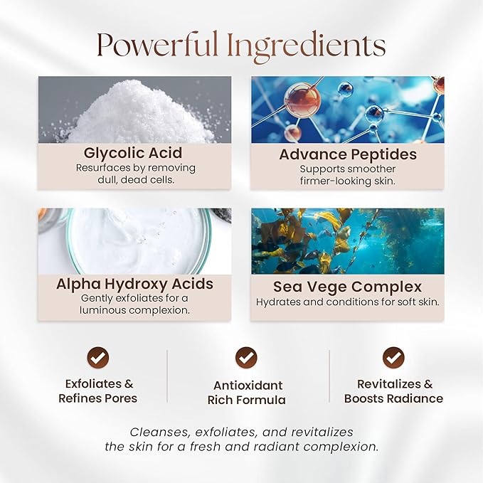 GlycoPeptide Radiance Cleanser β Gentle Exfoliating and Hydrating Face Wash with Glycolic Acid, AHAs, Peptides, Vitamins C and E β Radiance-Enhancing Daily Cleanser β 4.73 fl oz / 140ml