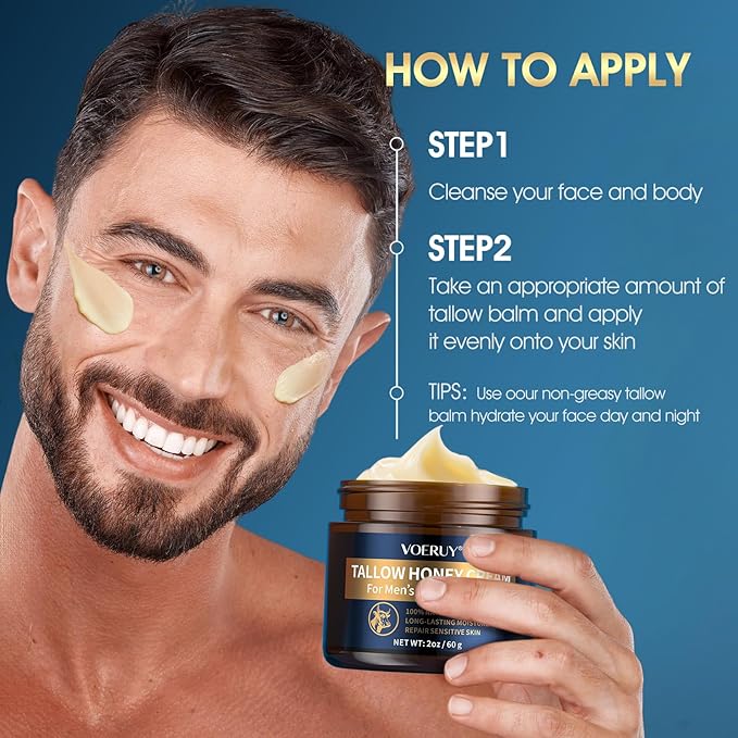 Mens Face Moisturizer Cream - Tallow Balm for Skin with Raw Honey for Reduce Wrinkles, Natural Grass-Fed Tallow Moisturizer for Face, Facial Skin Care & Eye Lotion - Day & Night, 2oz/60g