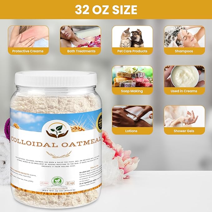 Dirty Treasures Colloidal Oatmeal Bath | Eczema & Itchy Skin Relief | Baby-Safe, 100% Natural, Fragrance-Free | 2 lb (32oz)