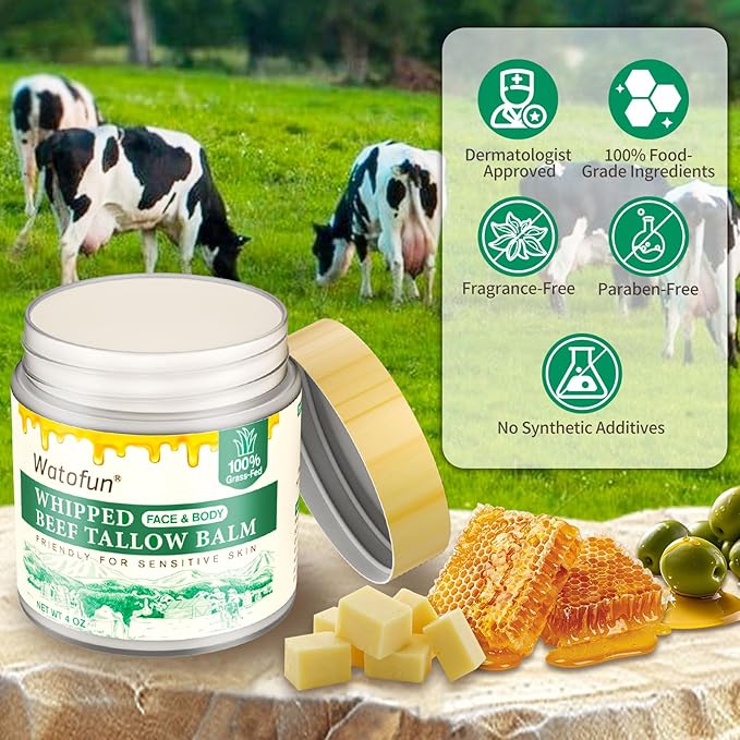 Beef Tallow for Skin - Deep Moisturizer for Dry, Sensitive Skin - With Raw Honey, Beeswax, Olive Oil - Non-Greasy, Unscented, All-Natural Face & Body Repair Cream