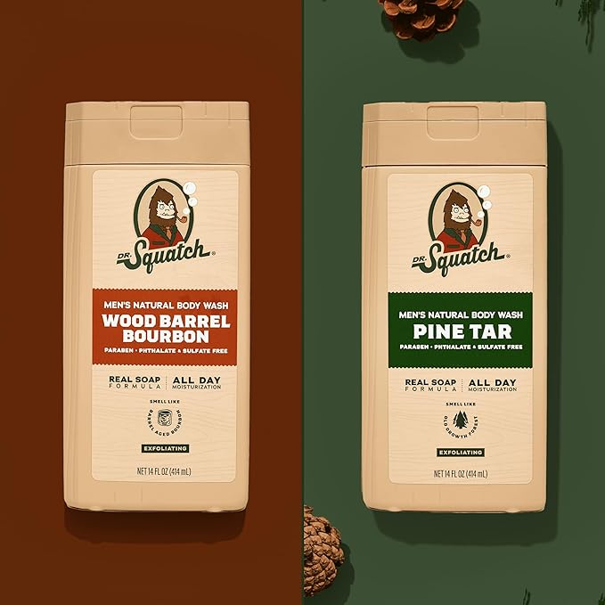 Dr. Squatch NEW Body Wash for Men with Nourishing, Natural Ingredients | No Paraben, Phthalate, Sulfate | All Day Moisture | Long Lasting Scent | Wood Barrel Bourbon & Pine Tar (14 oz, 2-Pack)