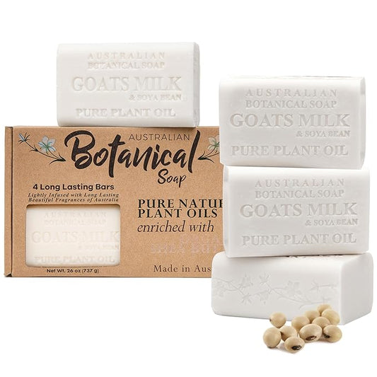 Australian Botanical Soap 6.5 OZ Pack of 4, Goat Milk Soap Bars with Soya Bean Oil, Enriched with Organic Shea Butter, Suitable for All Skin Types