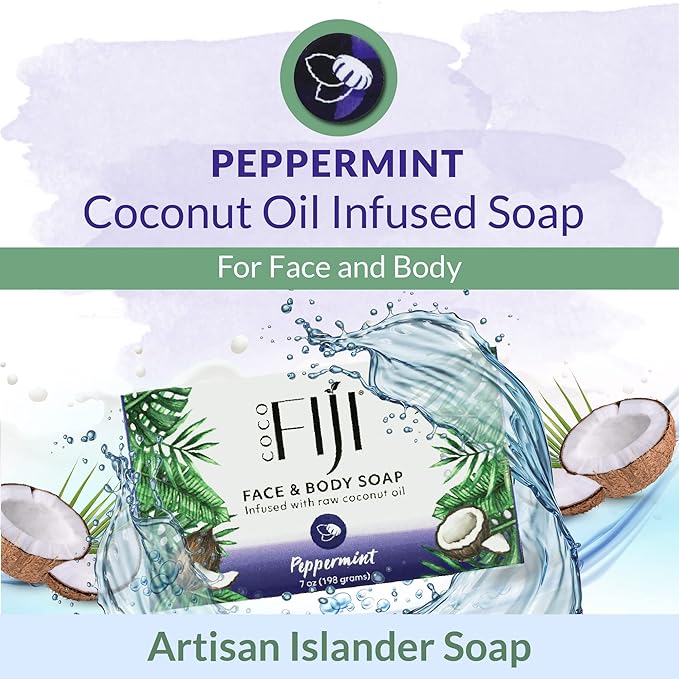 "Coco Fiji Soap Bar for Face and Body Infused With Organic Coconut Oil, Peppermint, Essential Oil, Natural Soap for Moisturizing & Pore Purifying Skin, 7 oz, Pack Of 3 "