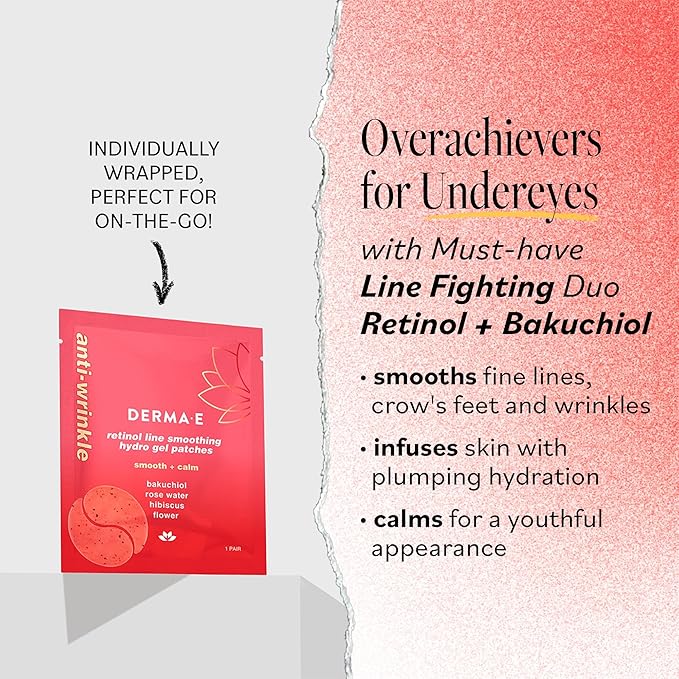 DERMA E Retinol + Bakuchiol Under Eye Patches (5 Pairs) Non-Irritating, Line Smoothing Hydro Gel Eye Patches with Rose Water & Real Hibiscus Petals, Helps Reduce Fine Lines, Crows Feet & Wrinkles,10Ct