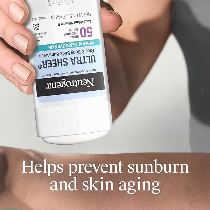 Neutrogena Ultra Sheer Dry Touch SPF 50 Mineral Sunscreen Stick for Sensitive Skin, Zinc Oxide, Body & Face Sunscreen with Vitamin E, No White Residue & Vegan, 1.5 oz