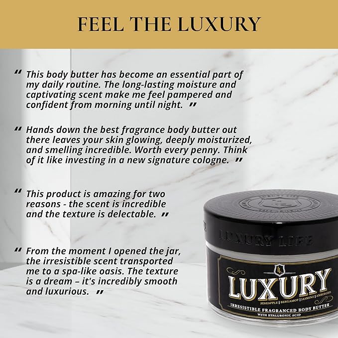 LUXURY LIFE BUTTER - Irresistibly Scented Body Butter with Hyaluronic Acid for Ultimate Moisture. Hydrates for a Non-Greasy Glamorous Glow (Presidential, Fresh Attraction, Luxury 5 oz)