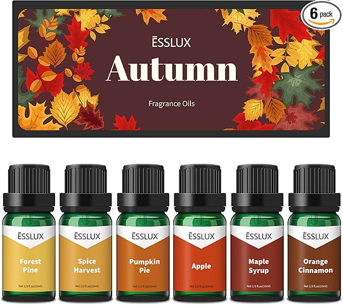 Fall Fragrance Oil, ESSLUX Autumn Essential Oils Set, Soap Candle Making Scents, Fall Scented Essential Oils for Home Diffuser Laundry, Forest Pine, Orange Cinnamon, Pumpkin Pie, Maple Syrup, 6X10 ml