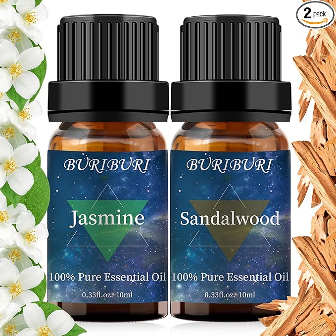 BURIBURI Sandalwood Jasmine Oil Gift Set, 100% Pure, Undiluted, Aromatherapy Essential Oils, 10MLx2
