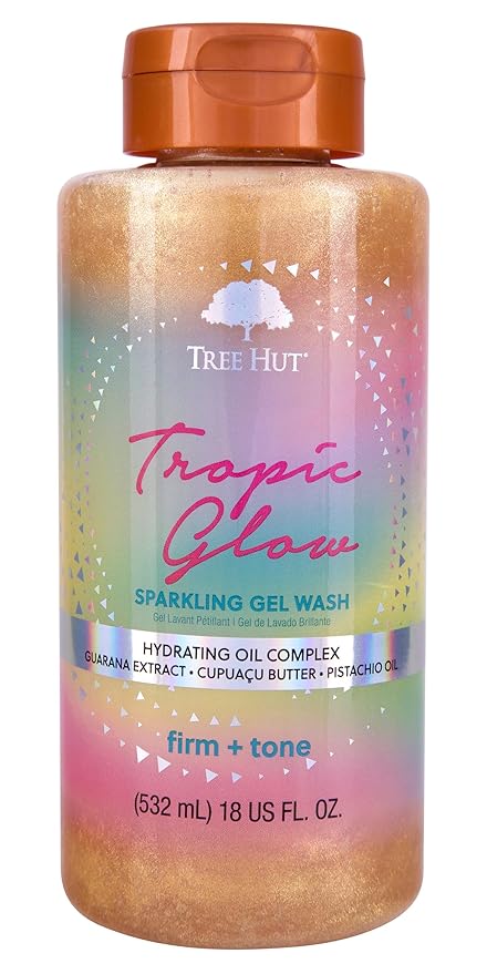 Tree Hut Tropic Glow Sparkling Gel Wash, Gently Cleanses and Leaves Skin Looking Fresh and Radiant, Warm Scent with Almond, Golden Amber, and Sandalwood, Body Wash, 18 fl oz