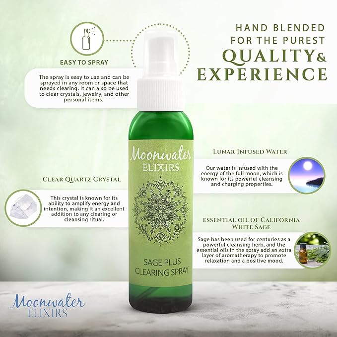 White Sage Smudge Spray for Spiritual Cleansing & Aura Protection, Sage Spray for Cleansing Negative Energy & Protection, Home & Meditation, Clear Quartz Reiki Energized Aromatherapy Room Spray - 8oz