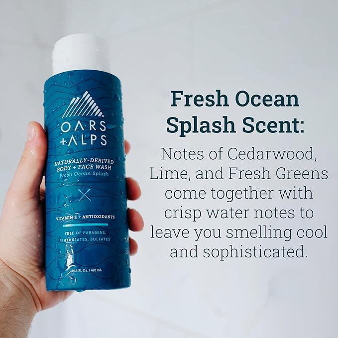 Oars + Alps Body and Face Wash for Men, Mens Body Wash with Vitamin E and Antioxidants, Moisturizing, Hydrating, Paraben & Sulfate Free Cleanser, Fresh Ocean Splash, 2pk