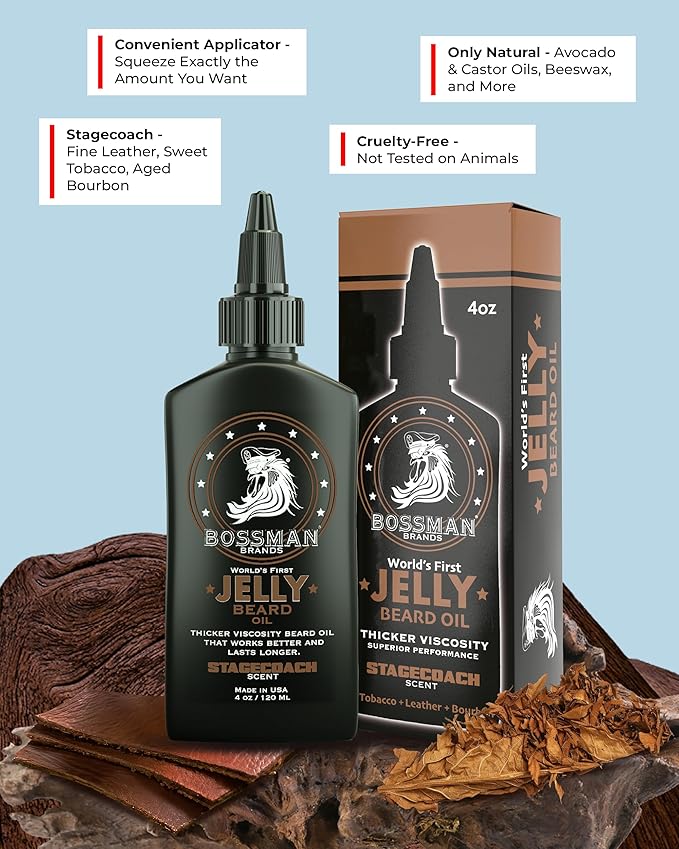 Bossman Jelly Beard Oil for Men (4 oz, Stagecoach Scent) – Softens, Moisturizes & Conditions with Natural Ingredients