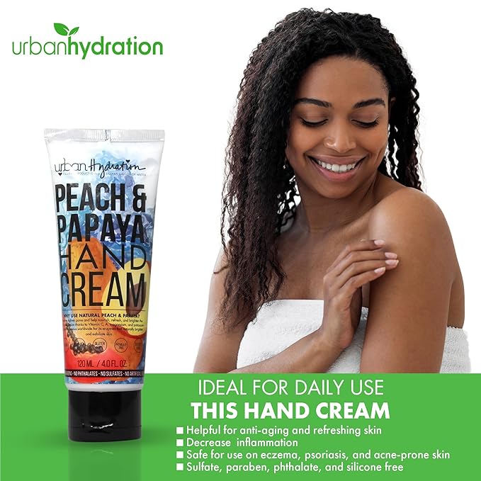 Urban Hydration Peach & Papaya Hand Cream, Hydrating & Moisturizing Hand Cream for Men and Women, Brighten & Glow Formula with Ceramides and Antioxidants, Sulfate-Free & for All Skin Types – 4 FL Oz