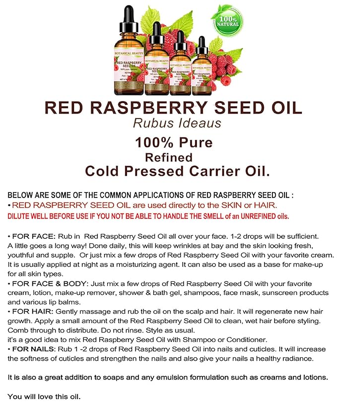 Botanical Beauty Red Raspberry Seed Oil 100% Pure Natural Undiluted Refined Cold Pressed Carrier Oil for Face, Skin, Hair, Lips, Nails. Rich in Vitamin C, Vitamin E (1 Fl Oz)