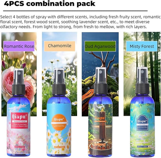 Natural Bedroom Linen Spray Scented Room Mist with Plant Extracts Long Lasting Freshness for Sheets, Pillows & Curtains –Ebony Agarwood + Misty Forest + Chamomile + Romantic Rose 4oz(4 Bottle)