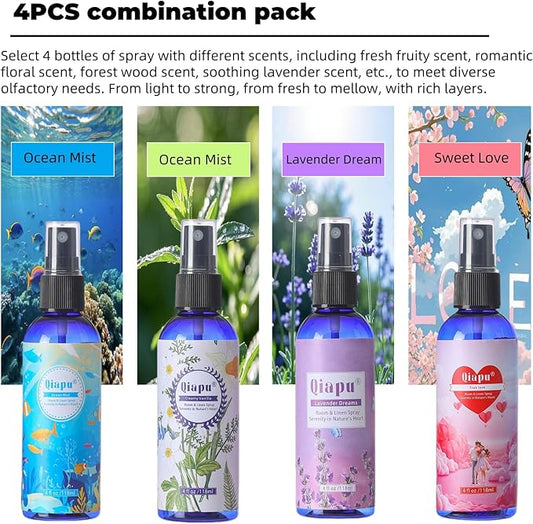 Natural Bedroom Linen Spray Scented Room Mist with Plant Extracts Long Lasting Freshness for Sheets, Pillows & Curtains – 4oz(4Bottle)
