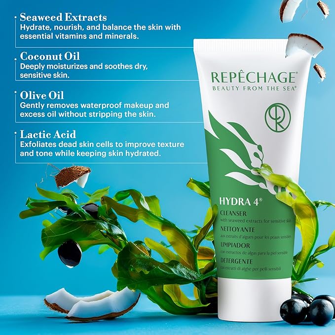 Repechage Hydra 4 Cleanser with Seaweed Extracts for Sensitive Skin - Daily Hydrating Gentle Cleanser, Removes Waterproof Makeup, Exfoliating Lactic Acid, Balances and Moisturizes Skin, 6 oz.