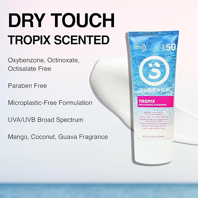 Surface Sunscreen Lotion SPF 50 for Face & Body, Lightweight Natural Formula, Reef Friendly, Broad Spectrum UVA UVB Protection, Water Resistant Sun Care for 80 Minutes Outdoor Use, Tropical Scent, 6oz