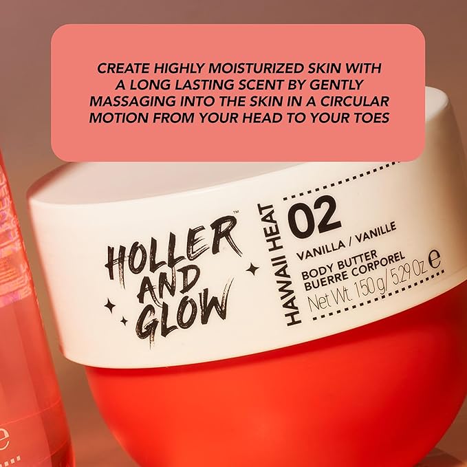 HOLLER AND GLOW Hawaii Heat Vanilla Body Butter, Body Butter For Women, Smells Good, Body Lotion For Extremely Dry Skin, Moisturizing, Nourishing, Shea Butter, Peony, Amber Scented, 5.29 Oz