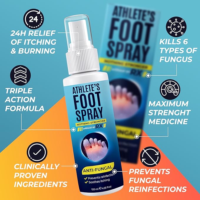 Athleteβs Foot Spray with Tea Tree Oil | Antifungal Treatment for Athleteβs Foot, Jock Itch, Ringworm | Soothes Itchy, Irritated Skin on Feet, Groin & Inner Thighs | Relieves Burning | 120ml