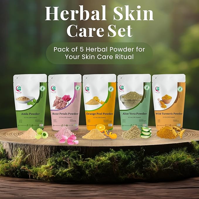 Herbal Skin Care Set | 5 powders in One Pack | Aloe vera, Amla, Orange Peel, Rose & Wild Turmeric powders | 100g Each | DIY Face Mask Powders | By Yogi's Giftยฎ
