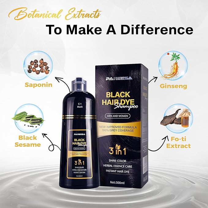 Hair Dye Shampoo 3 in 1 for Gray Hair Shampoo Para Canas Mujer Hair Color Shampoo for Women & Men - Herbal Ingredients Natural Plant Hair Dye 500ML (Black)