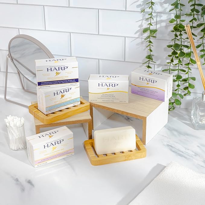 HARP pH-Balanced (5.0-6.0) Exfoliating Body Wash Bar - FRAGRANCE FREE. Bamboo Powder Exfoliation -the perfect consistency. Soap/Lye/Preservative/Dye/Masking agent-Free. Non-comedogenic.
