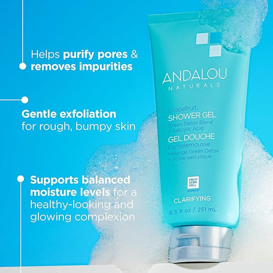 Andalou Naturals Body Wash, Clarifying Grapefruit Shower Gel, Gentle Exfoliating Salicylic Acid Body Wash with Tea Tree & Witch Hazel, Targets Back Acne, Blemishes & Excess Oil, 8.5 fl oz (Pack of 2)