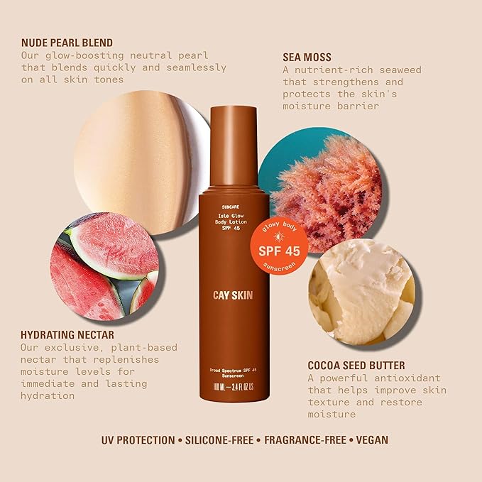 Isle Body Lotion with SPF 45 – Body Sunscreen w/Sea Moss, Hydrating Nectar, Cocoa Seed Butter, & More – Lightweight Vegan SPF for All Skin Types – 4 fl oz
