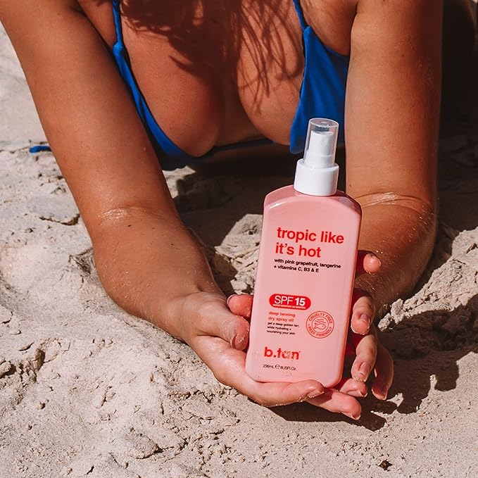 b.tan SPF 15 Deep Tanning Oil Dry Spray | Tropic Like It's Hot - Best, Best Outdoor Bronzing Mist, Moisturizing Grapefruit, Tangerine, Vitamins C, B3, & A, Austrailian Brand, 8 Fl Oz