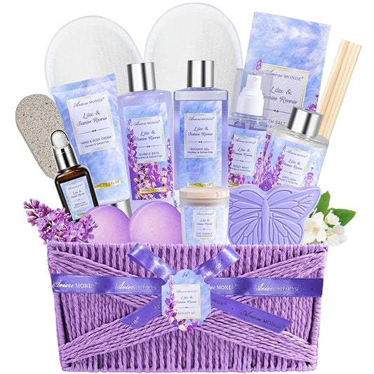 Gift baskets for women, 15Pcs Lilac Women Bath Gift Baskets w/Body Mist, Diffuser, Bath Bomb. Unique Relaxing Spa Gift Basket Set, Mothers Day Gifts for Mom Wife Grandma Daughter Friends Sister