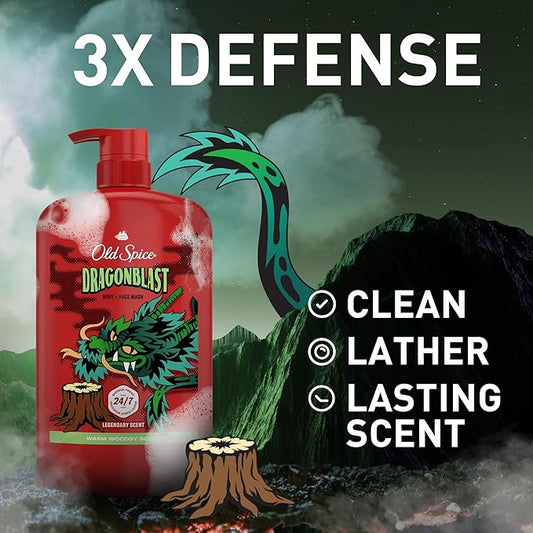 Old Spice Cleansing Body Wash for Men, 3X Defense, 24/7 Shower Fresh with Lasting Scent, 2-in-1 Body & Face Wash, Dragonblast Scent, 33.4 (Pack of 4)