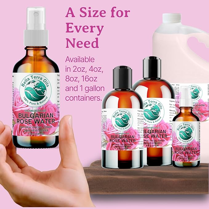 Bella Terra Oils Rose Water Hydrosol β 1 Gallon | Pure, Gentle Facial Toner & Mist | Natural Skin Tonic, Makeup Setting Spray | Organic, Steam-Distilled