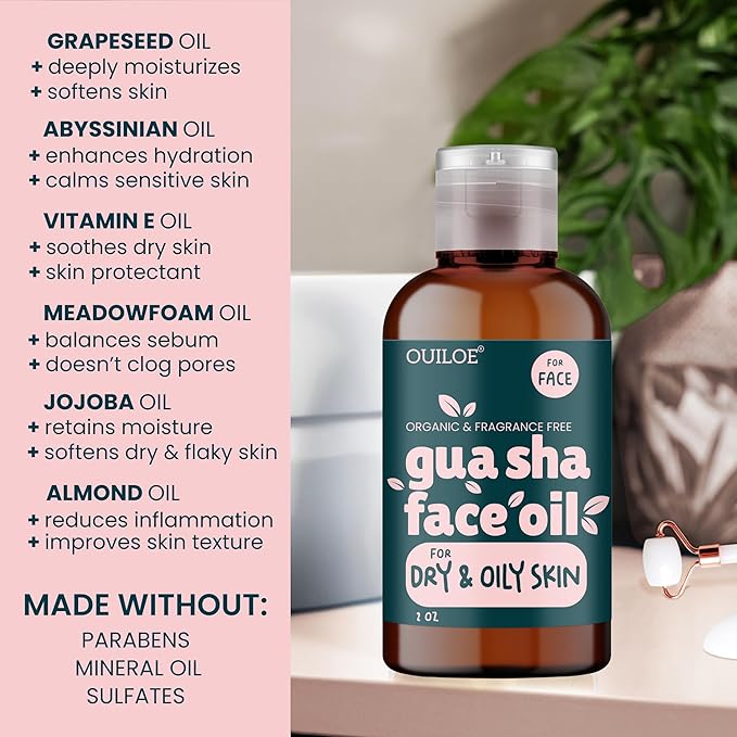 Guasha Oil for Oily Skin - Face Oil for Gua Sha Lymphatic Massage - Safe for Acne Prone Skin - Natural, Non Comedogenic, Fragrance Free and Lightweight - Use with Gua Sha Facial Tools, 2oz