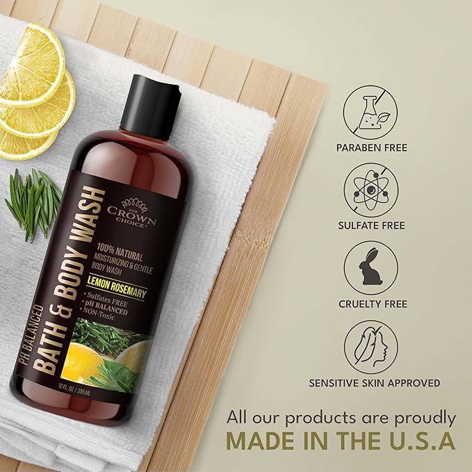 Natural Body Wash for Women, Men & Kids - Organic Lemon Rosemary - 12oz pH 5.5-Best pH Balance-Liquid Soap for All Skin Types-Moisturizing Sulfate & Chemical Free Shower / Bath Liquid Gel (1 PK)