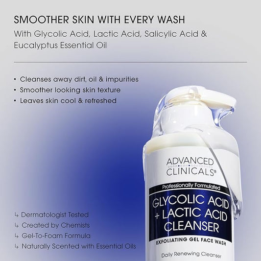 Advanced Clinicals Glycolic Acid Exfoliating Face Wash For Women & Men | Lactic Acid & Salicylic Acid Facial Cleanser | Glycerin Gel Gleanser Helps Gently Exfoliate & Cleanse Dirt & Oil, 2-Pack