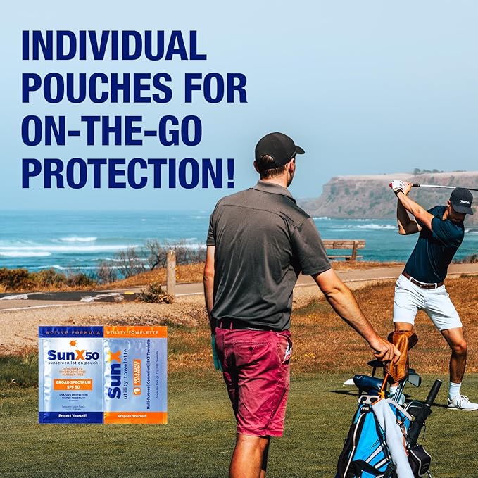 CoreTex Sun X 50 Broad Spectrum Sunscreen Packets & Dry Towels Duo Kit - Pack of 25 Paraben, Oxybenzone, Octinoxate, & Oil Free Sunscreen - No White Cast and Water & Sweat Resistant Up to 80 Minutes